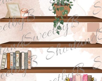 May include: A set of four wooden shelves with various items, including books, a potted plant, a picture frame, a candle, a mug, a camera, and a round rug with two pillows. The shelves are decorated with string lights.