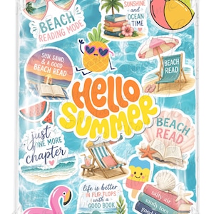 May include: A collection of colorful summer-themed stickers on a clear background. The stickers include sunglasses, a pineapple wearing sunglasses, beach chairs, books, a flamingo float, and the words "Hello Summer" and "Beach Reading Mode".