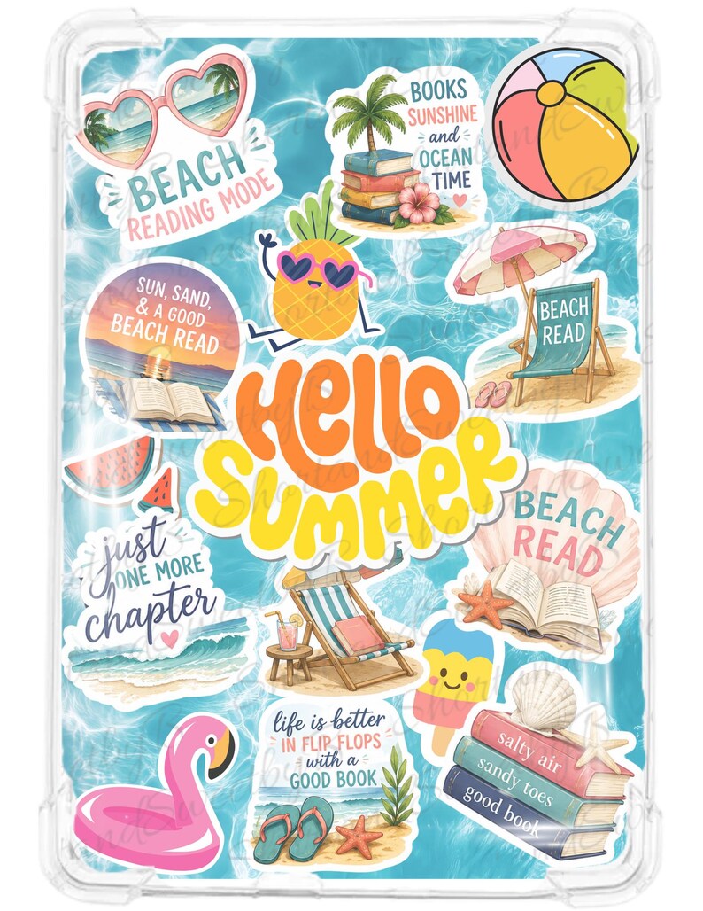May include: A collection of colorful summer-themed stickers on a clear background. The stickers include sunglasses, a pineapple wearing sunglasses, beach chairs, books, a flamingo float, and the words "Hello Summer" and "Beach Reading Mode".