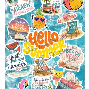 May include: A collection of colorful summer-themed stickers with beach elements. Includes sunglasses, a pineapple wearing sunglasses, beach chairs, books, a flamingo, and the text "Hello Summer", "Beach Reading Mode", and "Life is better in flip flops with a good book."