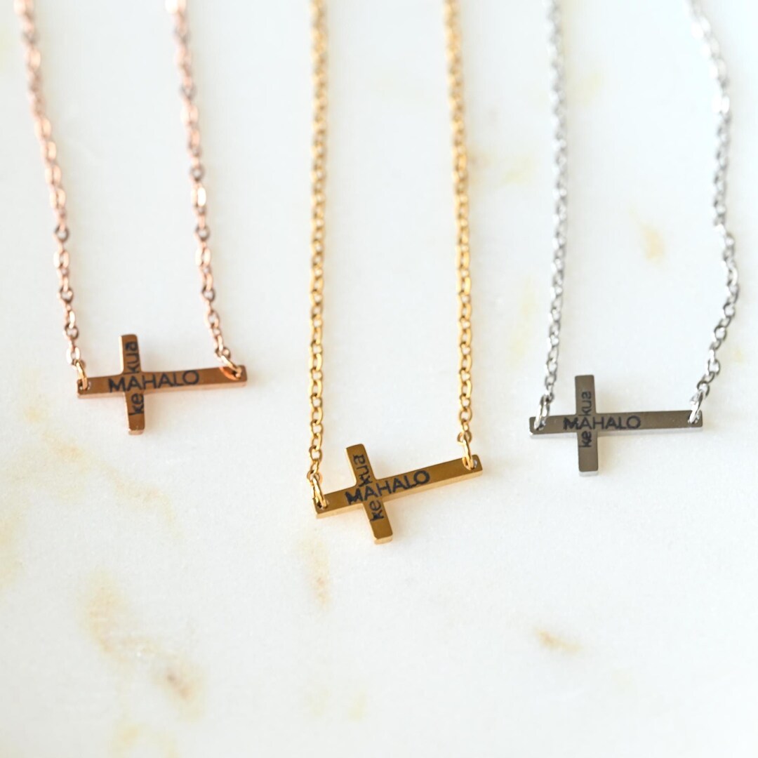 Mini Horizontal Cross Necklace • Mahalo Ke Akua Engraved Stainless ...