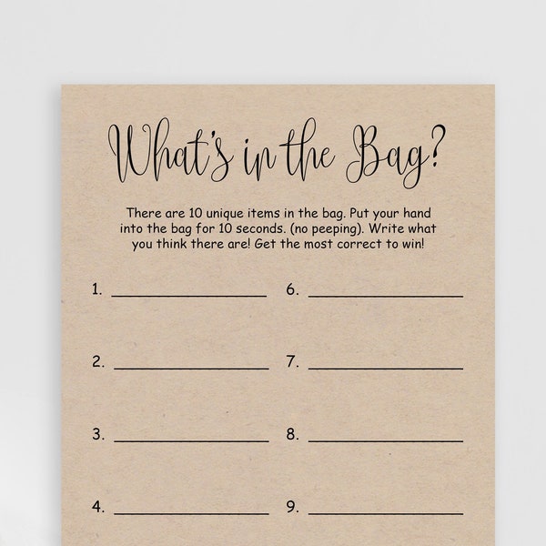 Whats in the Bag Bridal Shower game Rustic Guess What's in the Bag printable card Wedding activity cards Digital download PDF JPEG print