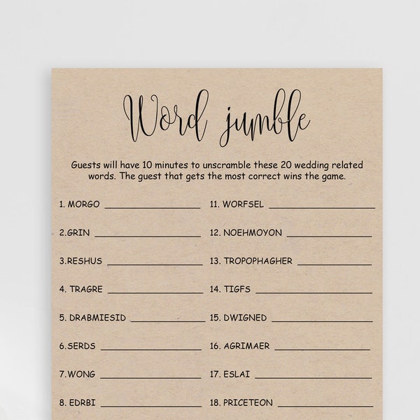 Bridal Shower Word jumble game, Printable unscramble words cards, Rustic Wedding Shower games, Instant download