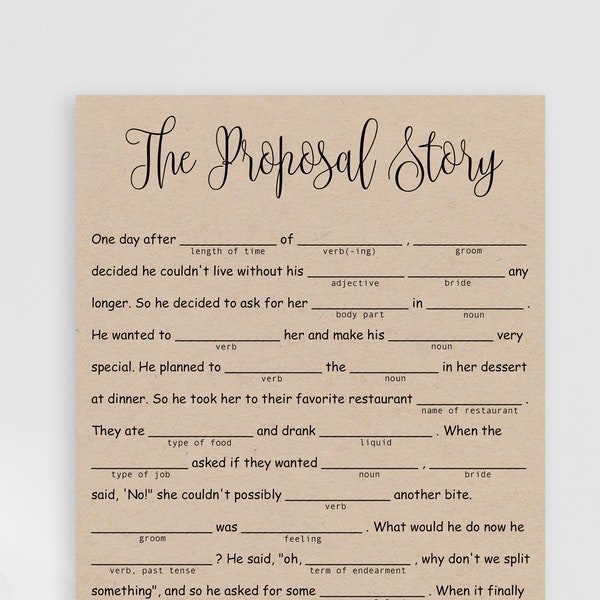 Mad Libs Bridal Shower, Rustic Wedding Games, Printable Mad Lib template, The Proposal Story