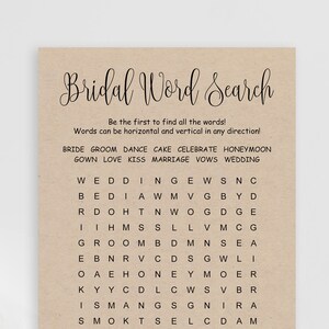 Bridal Shower Word Search Cards Printable Rustic Bridal Word Search ...