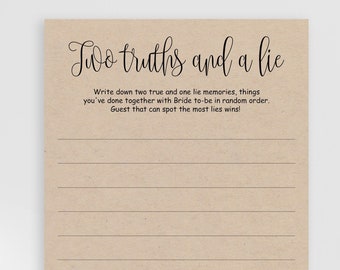 Two truths and a lie Bridal Shower game card printable Rustic Two truths one lie Kraft Wedding Shower games Digital download PDF JPEG print