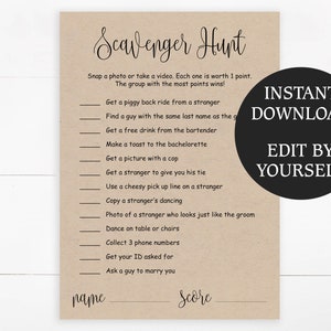 EDITABLE Scavenger Hunt game for Bachelorette party Printable Custom Bridal Shower games Rustic Kraft games PDF template Instant download