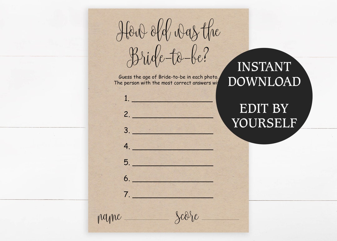 EDITABLE How Old Was the Bride to Be Game, Printable Rustic Bridal ...