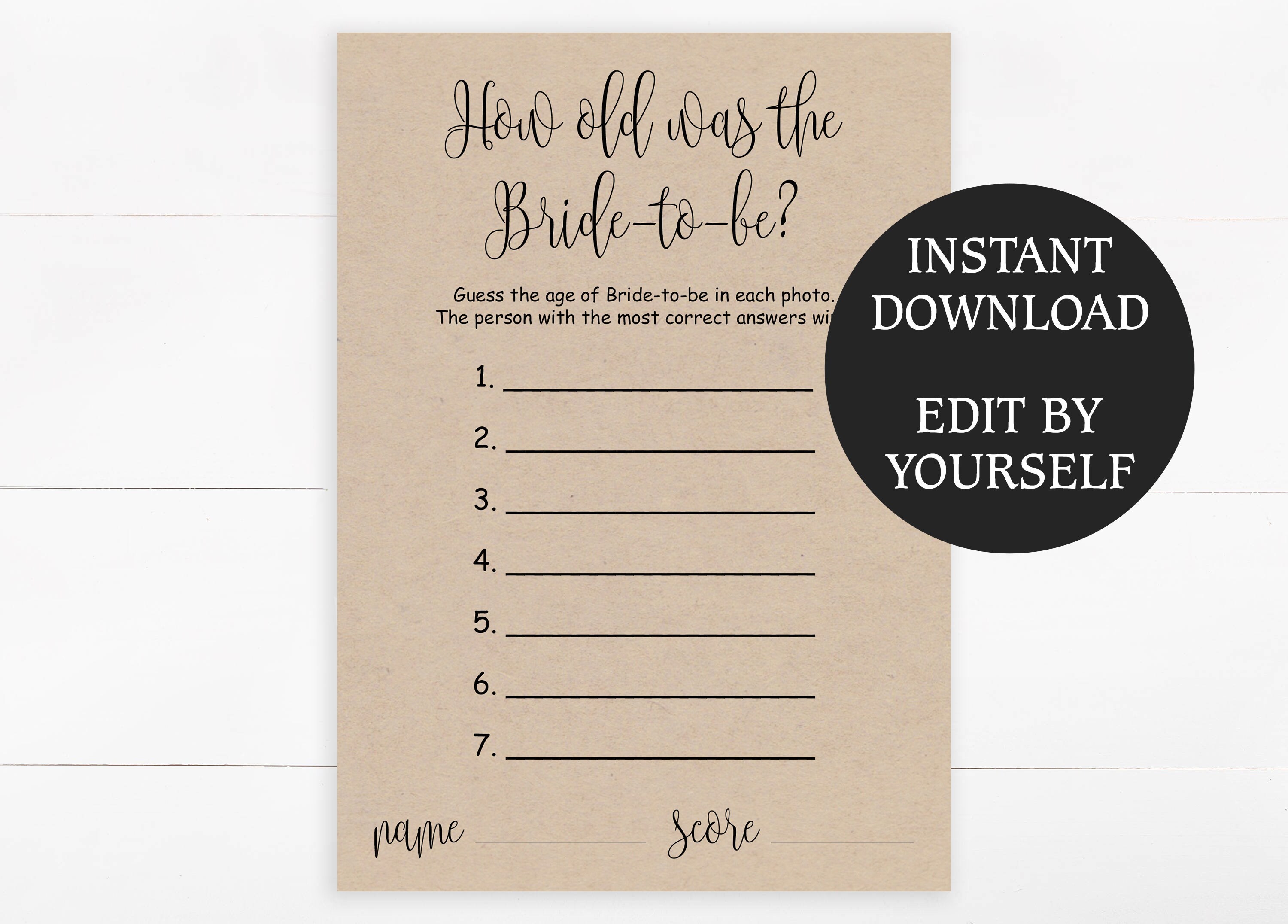EDITABLE How Old Was the Bride to Be Game, Printable Rustic Bridal ...