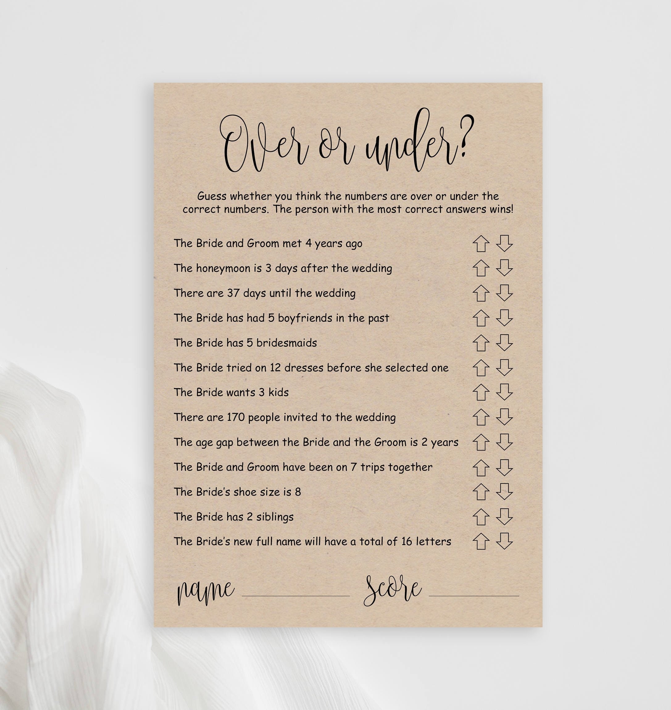 Over or Under game Over and Under printable Rustic kraft | Etsy