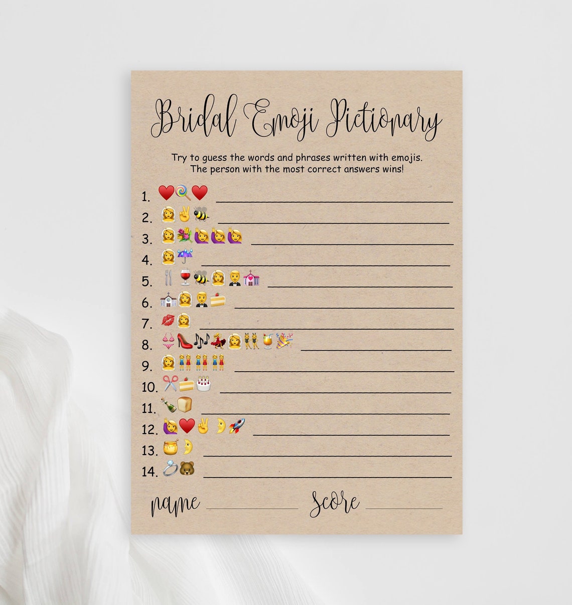 Bridal Shower Emoji Game Printable Rustic Bridal Emoji Pictionary ...