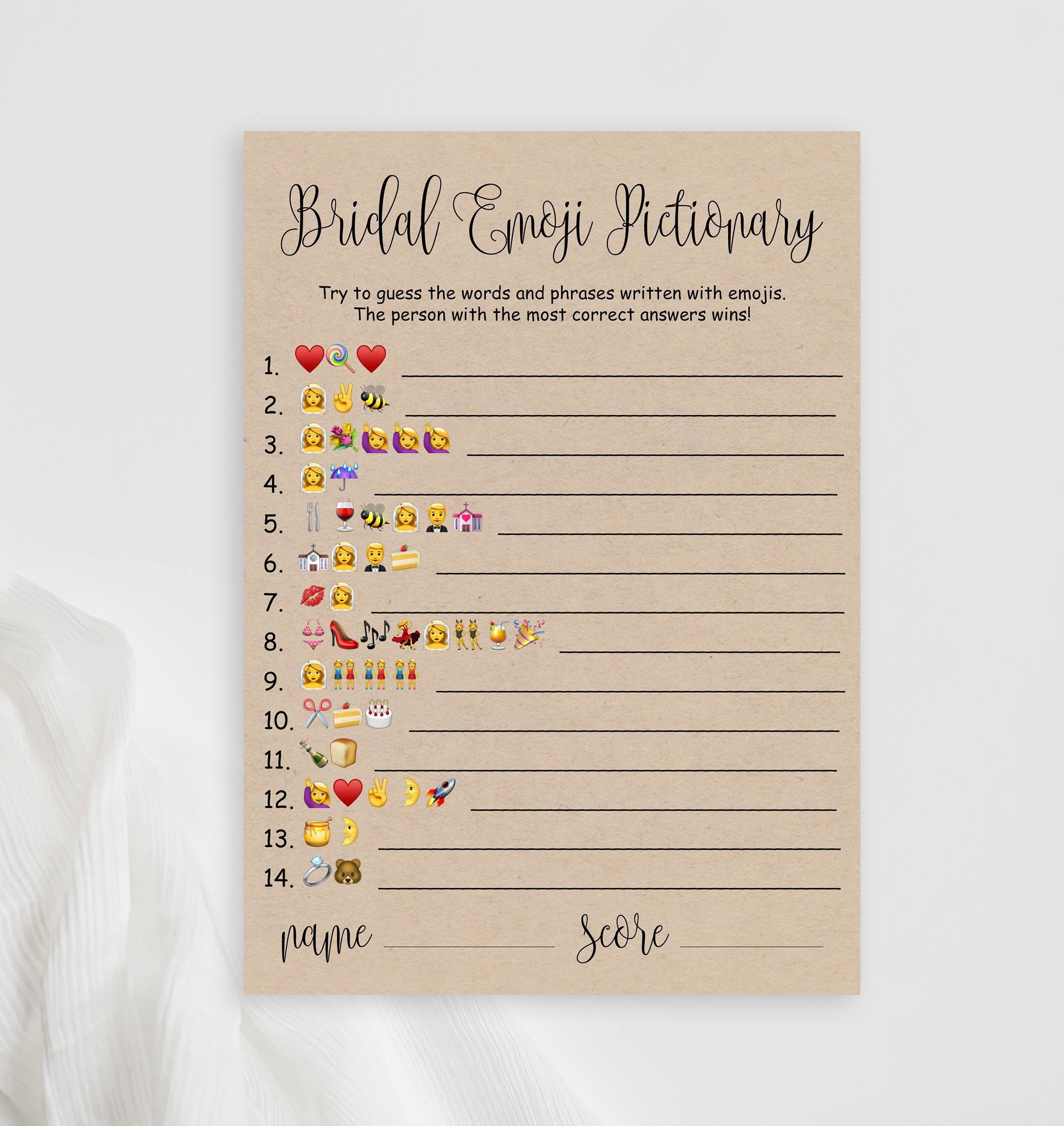 Bridal Shower Emoji Game Printable Rustic Bridal Emoji Pictionary ...