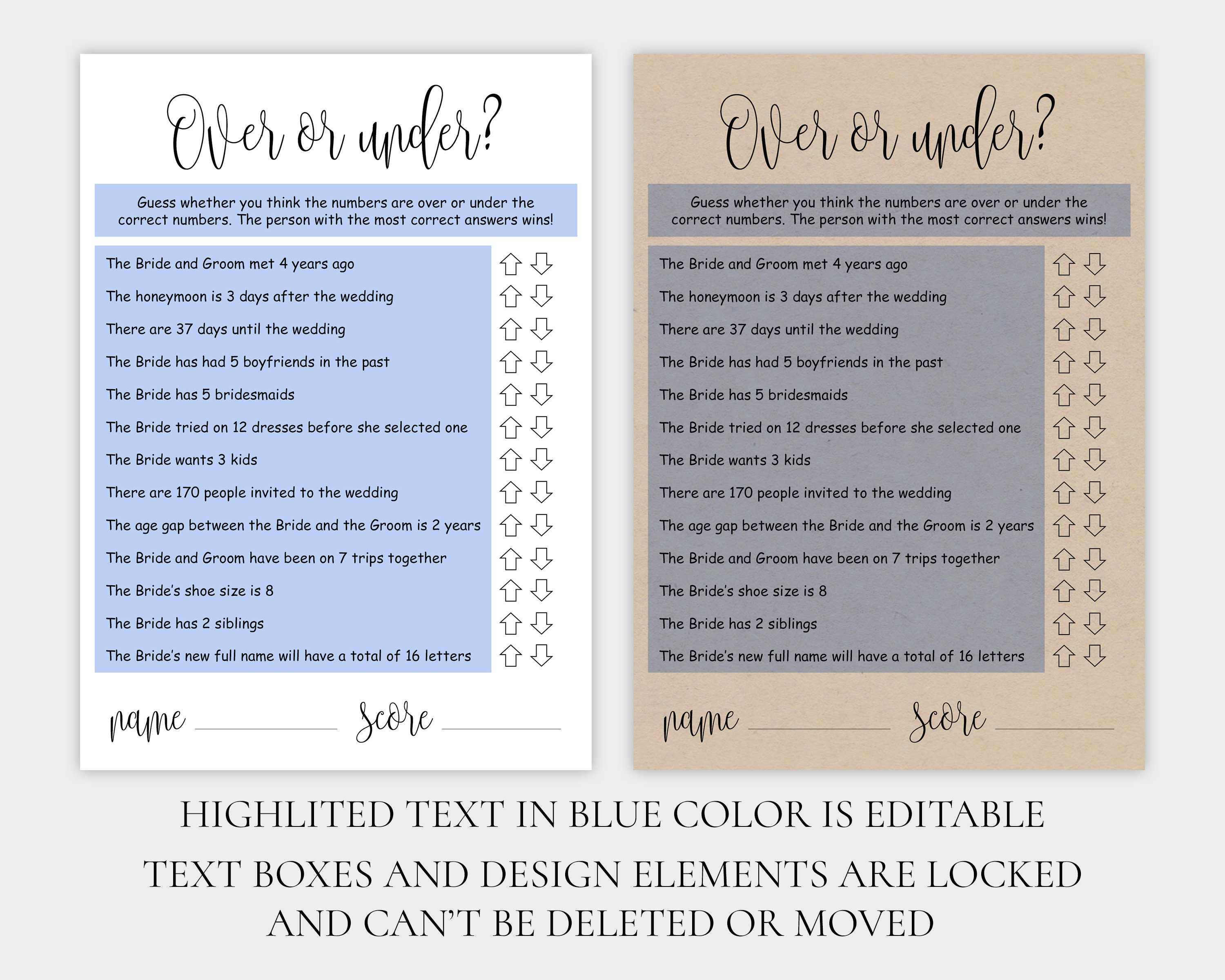 EDITABLE Over or Under Bridal Shower Game Printable Custom Over and ...