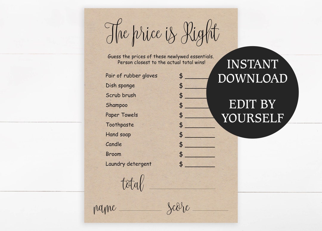 EDITABLE the Price is Right Game Cards for Bridal Shower Printable ...