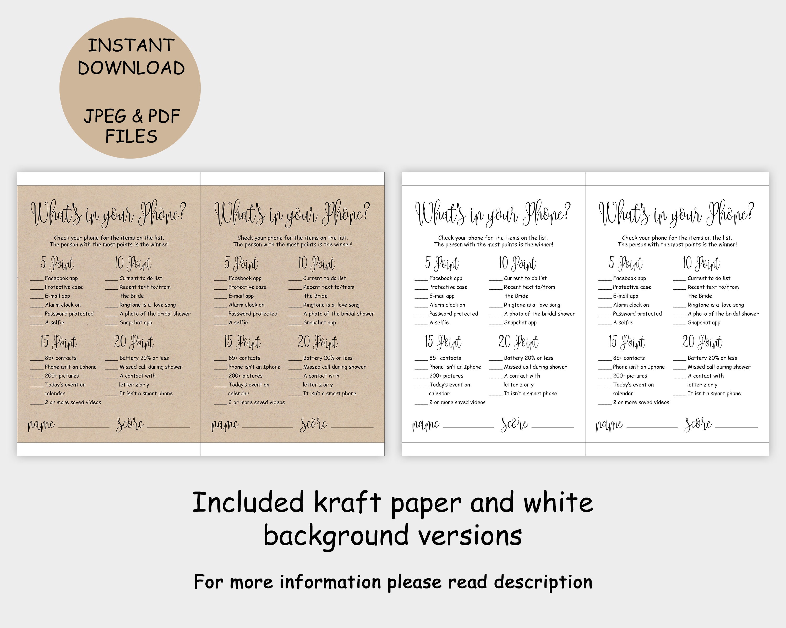 What's in Your Phone Game Printable Rustic Whats on Your Phone Bridal ...