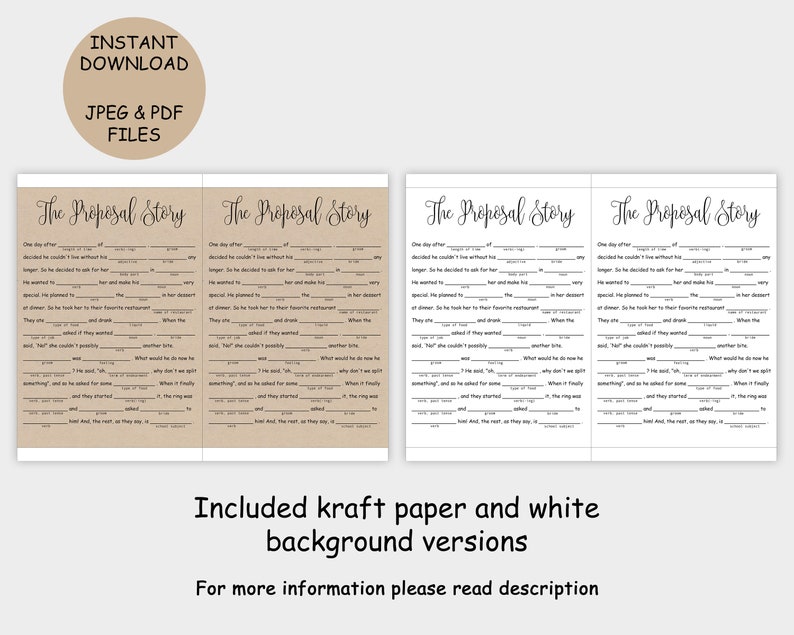 Mad Libs Bridal Shower, Rustic Wedding Games, Printable Mad Lib Template, the Proposal Story - Etsy