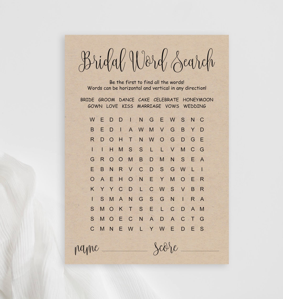 Bridal Shower Word Search Cards Printable Rustic Bridal Word Search ...