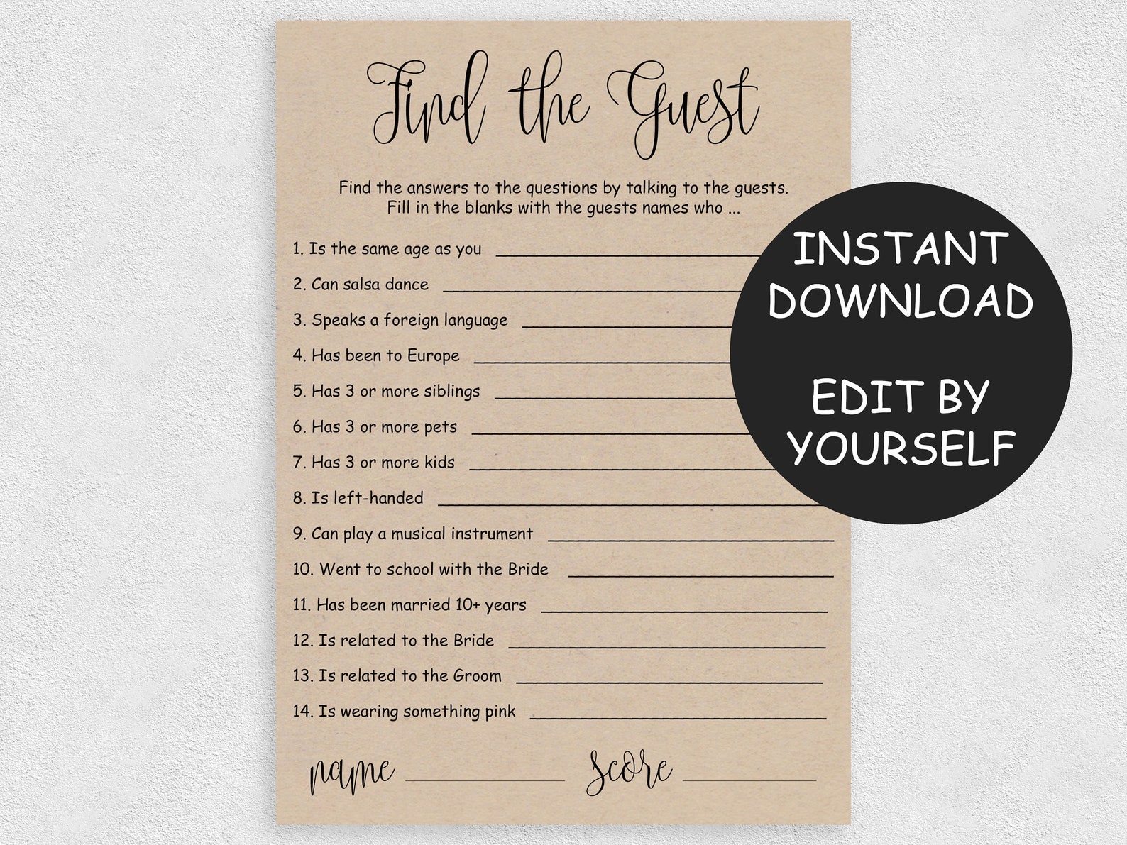 EDITABLE Find the Guest Game Rustic Bridal Shower Game Cards PDF ...