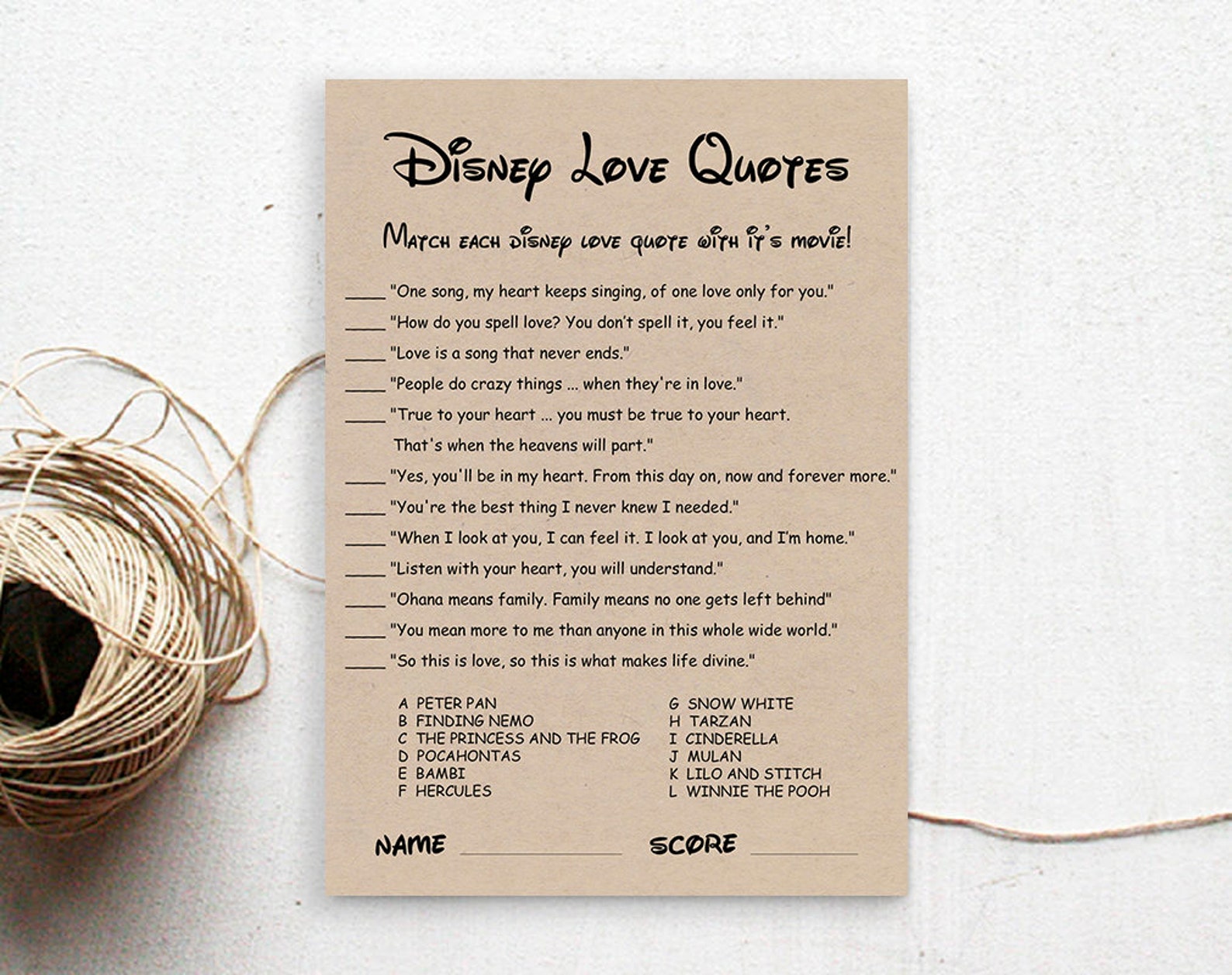 Disney Love Quotes Bridal Shower Game Rustic Disney Quote Etsy