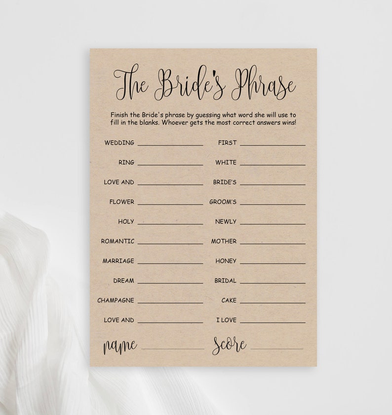 Finish the Phrase Game Finish the Brides Sentence Printable Rustic ...