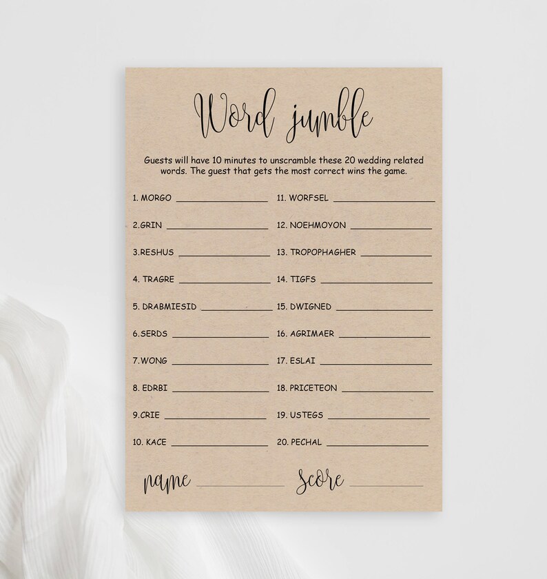 Bridal Shower Word Jumble Game, Printable Unscramble Words Cards