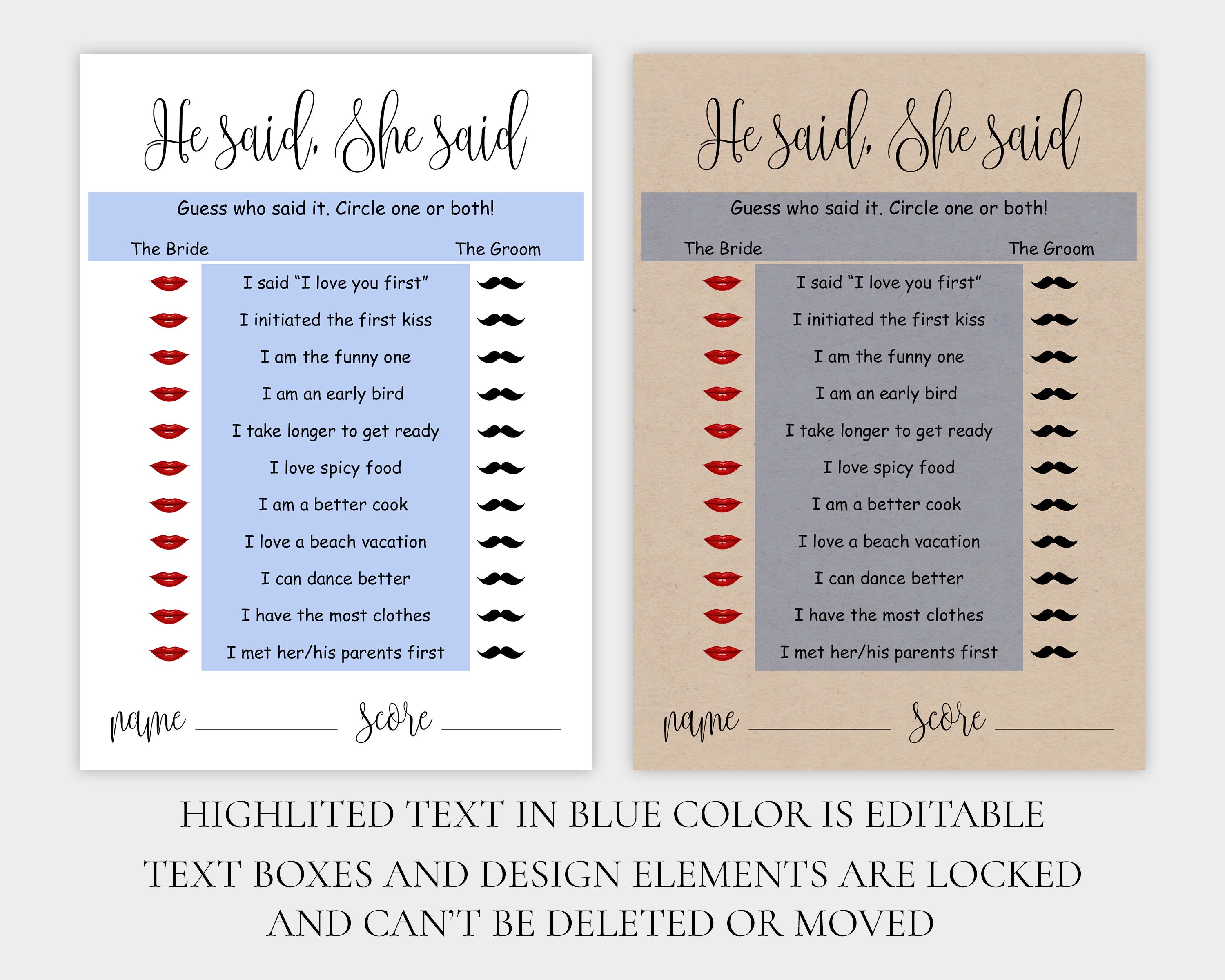 EDITABLE He Said She Said Game Printable Custom Cards Rustic Bridal ...