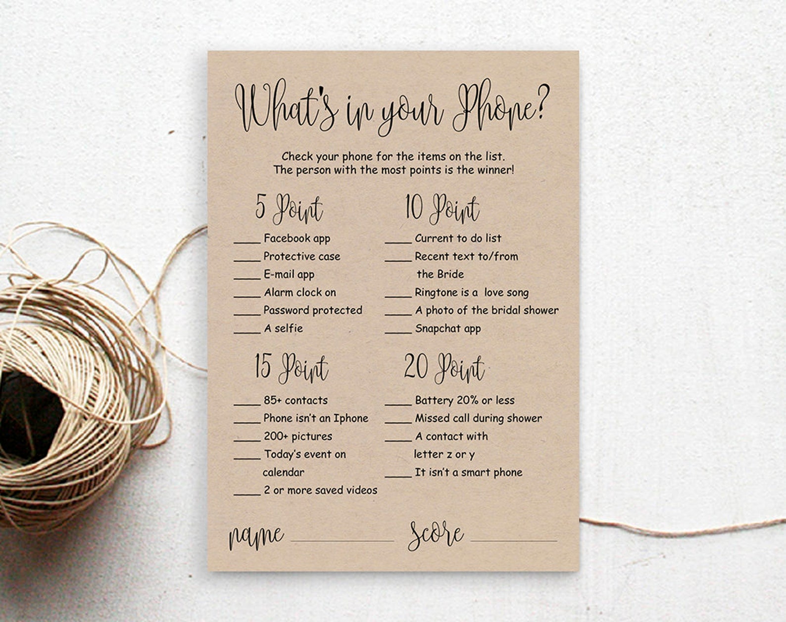 What's in Your Phone Game Printable Rustic Whats on Your Phone Bridal ...