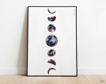 Fine art Watercolour Print poster Moon Phases
