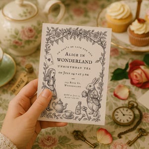 Pode incluir: Uma mão segura um cartão de convite da Alice no País das Maravilhas. A ilustração a preto e branco apresenta Alice, o Coelho Branco e outros elementos temáticos. O cartão é rodeado por rosas, chaves, um relógio de bolso e cupcakes.