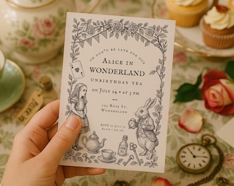 Alice in Wonderland-uitnodiging | Vintage Victoriaanse UnBirthday Tea Party | Afdrukbare en digitale canvassjablonen