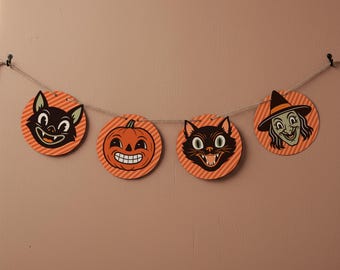 Retro Halloween Garland | Printable Vintage Style Pumpkin, Cat, Bat & Witch Banner PDF