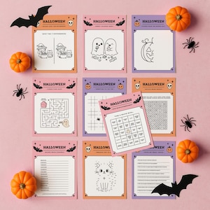 May include: A selection of Halloween activity sheets in orange, pink, and purple. The sheets feature games like mazes, word searches, and colouring pages. Decorative pumpkins, spiders, and bats are also present, creating a festive atmosphere.