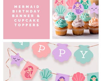 Printable Mermaid Birthday Party Decorations: Banner & Cupcake Toppers (Digital Download)