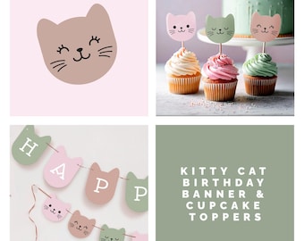 Kitty Cat Party Decorations – Two Printable Birthday Banners & Cupcake Toppers | DIY Kitten Birthday Decor Kit for Kids