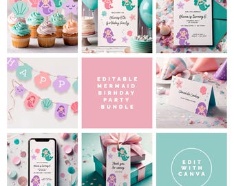 Mermaid 6th Birthday Party Decor: Editable Canva Invitation & Banner (Digital Download)