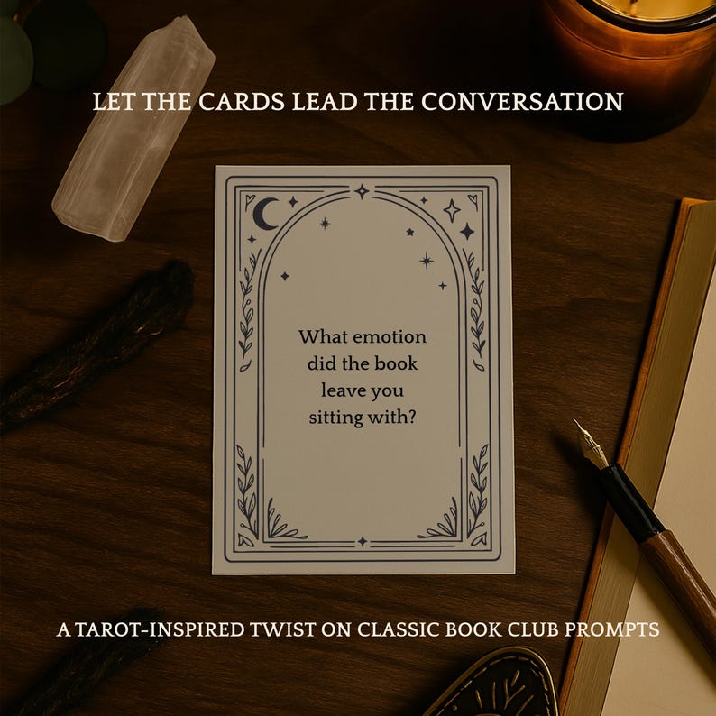 A printable book club discussion card styled like a soft tarot card, placed on a wooden table with a candle, pen, and crystal. Card reads: “What emotion did the book leave you sitting with?” Designed for at-home printing, this Canva-editable card set opens up deeper group conversations. Part of the black and beige version of the tarot-inspired book club activity kit.
