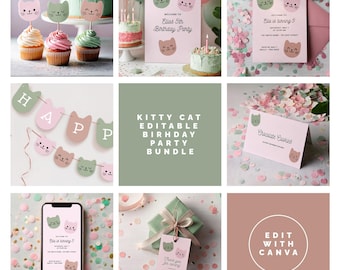 Kitty Cat Birthday Party Bundle | Printable Banners and Cupcake Toppers | Editable Invitations, Tags and Labels | Canva Kitten Party Kit