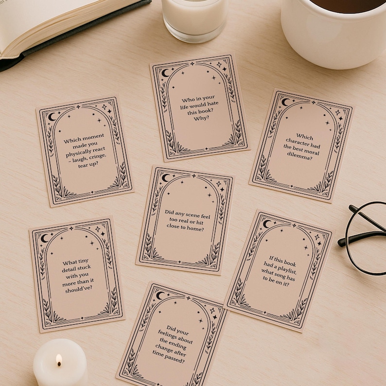 Printable book discussion cards in black and beige with mystical, tarot-inspired design. Perfect for dark academia reading groups, cottagecore book clubs, or anyone looking for structured book club activity ideas. Includes editable book club questions and readymade discussion-starters. Great gift for a book lover friend. Works well as a book club game, icebreaker, or reading group tool.