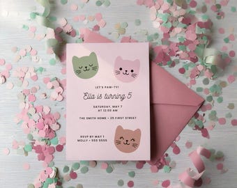 Kitty Cat Party Templates: Editable Invitation, Sign, Tags (Canva Printables Kit) (Digital Download)
