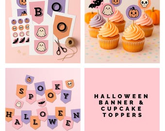 Printable Halloween Garlands – Ghost, Pumpkin, Skull & Bat Banner | Spooky Cupcake Toppers | Pastel Halloween Party Decor Kit