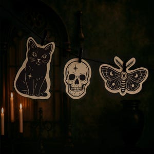 Printable Halloween Garland PDF | Moth, Skull & Black Cat Banner | Vintage Gothic DIY Spooky Season Decor