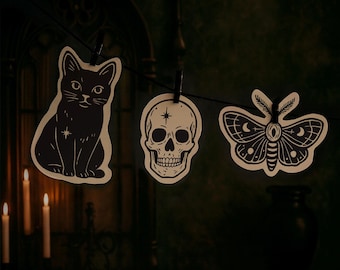Printable Halloween Garland PDF | Moth, Skull & Black Cat Banner | Vintage Gothic DIY Spooky Season Decor