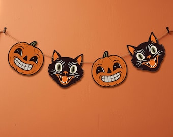 Retro Halloween Pumpkin & Black Cat Garland | Printable Vintage Style Halloween Banner PDF