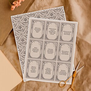 Editable black tarot-style book club question cards shown as a printable sheet. Aesthetic book club template for gothic, boho, or cottagecore gatherings. Ideal for discussion prompts, book club games, or structured reading group activities. Great tool for book club hosts or as a gift for book lovers. Tarot card inspired design fits dark academia or celestial book club themes.