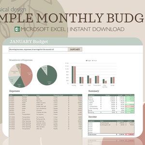 May include: A simple monthly budget spreadsheet template in Microsoft Excel with a green and pink color scheme. The spreadsheet includes sections for income, expenses, and a summary of the budget. The spreadsheet also includes charts to visualize the breakdown of expenses.