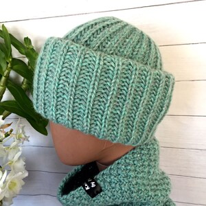 Mohair Beanie/Wool Beanie/Knitting Hat /Mohair Yarn Hat/Huge Mohair Hat/ Mint-colored hat and scarf/