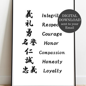 May include: A framed print displaying Japanese calligraphy alongside English words: Integrity, Respect, Courage, Honor, Compassion, Honesty, and Loyalty. Digital download available.