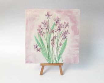 Tile Scilla cast. Botanical Decorative unique plaster wall art framу wood concrete impression snowdrop Pressed Flowers eco friendly
