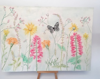 Tile Wild flowers mix cast. Botanical Decorative unique plaster wall art frame wood concrete impression Pressed Flowers eco friendly