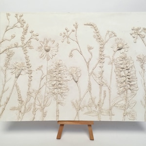 Tile Wild flowers mix cast. Botanical Decorative unique plaster wall art frame wood concrete impression eco friendly